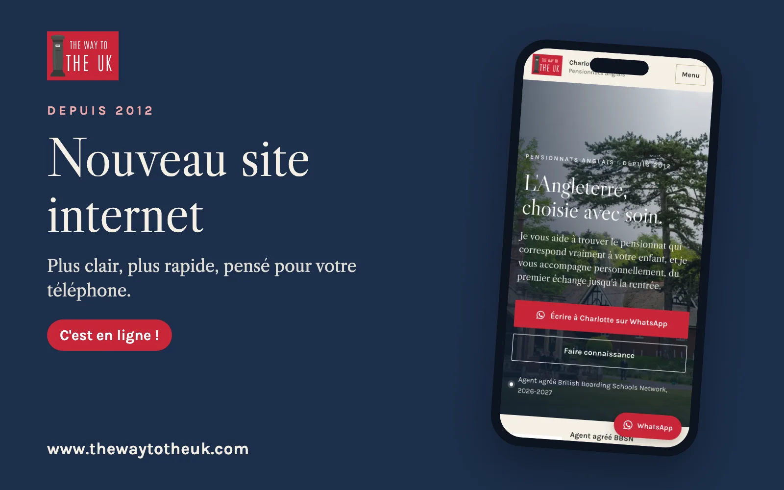 Le nouveau site de The Way To The UK affiché sur un téléphone